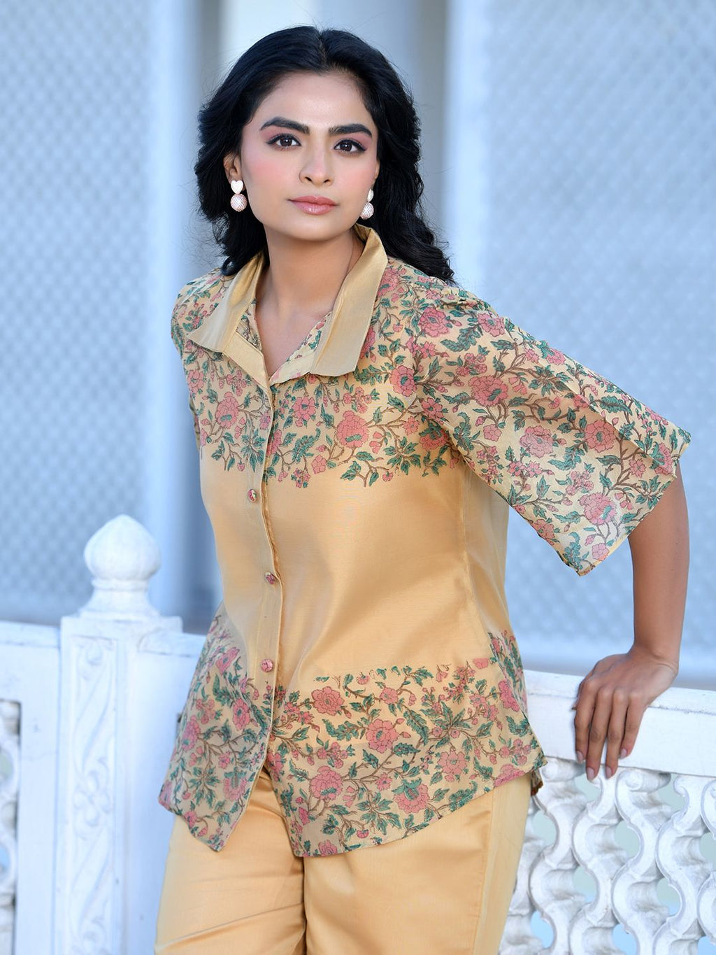 Vaasva Women's Cream Henna Linen Digital Printed Cord Set | Grocsy