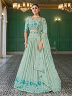 Myra Pista Green Georgette Embroidered Designer Lehenga | Grocsy