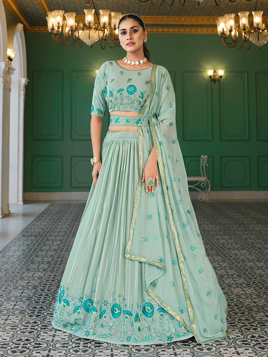Myra Pista Green Georgette Embroidered Designer Lehenga | Grocsy