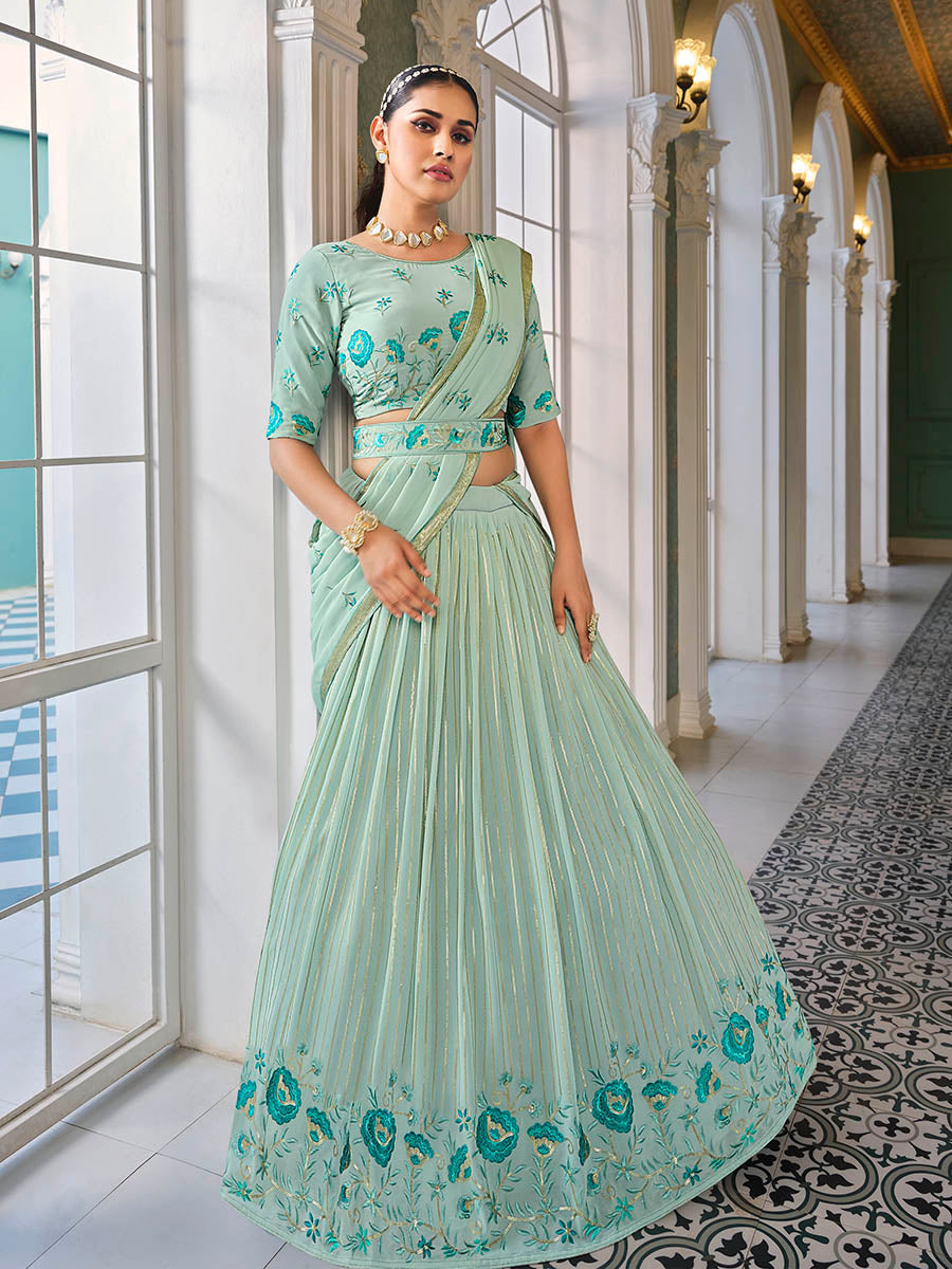 Myra Pista Green Georgette Embroidered Designer Lehenga | Grocsy