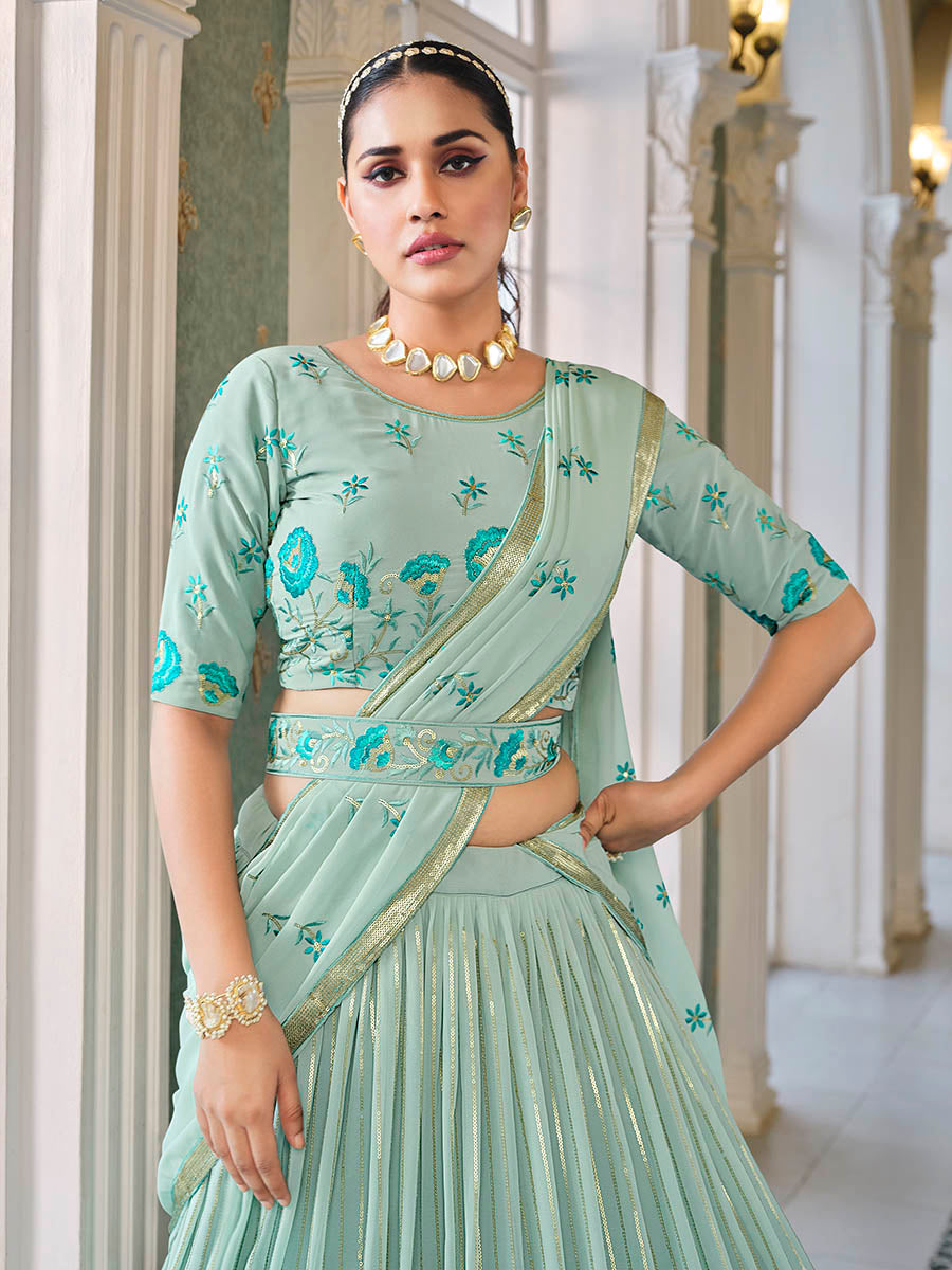 Myra Pista Green Georgette Embroidered Designer Lehenga | Grocsy