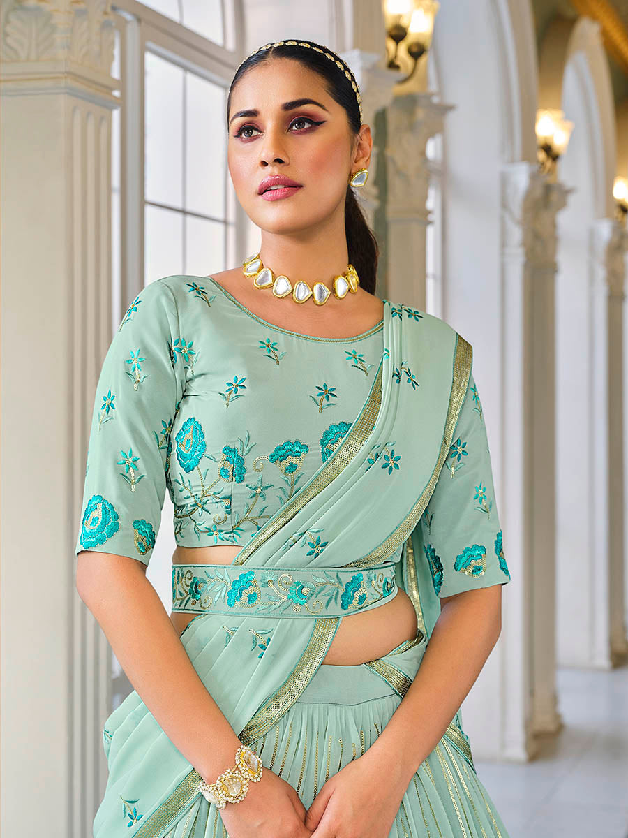 Myra Pista Green Georgette Embroidered Designer Lehenga | Grocsy