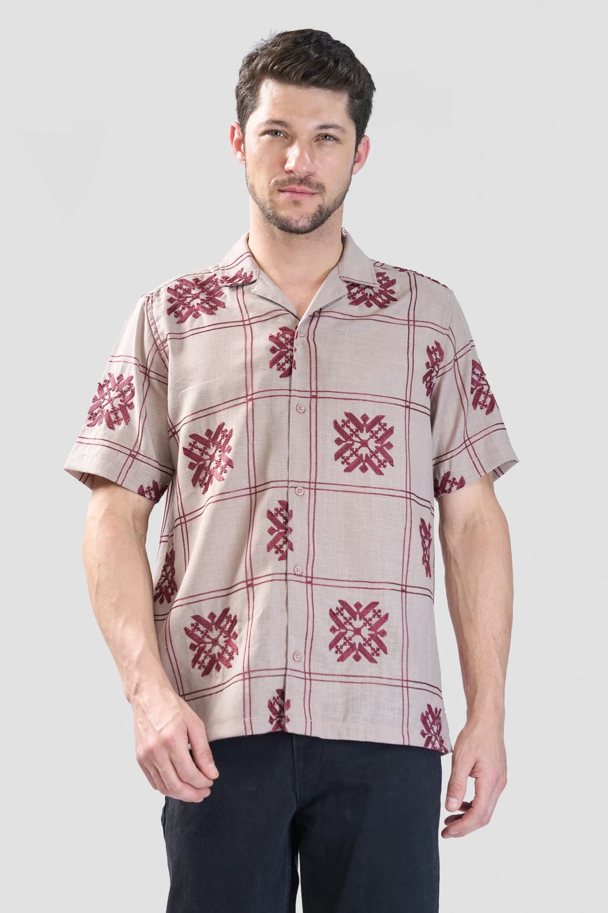 Xkind Light Maroon Embroidered Releaxed Fit Shirt | Grocsy