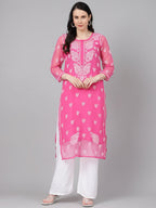ADA Women Pink & White Sheer Chikankari Embroidered Straight Handloom Kurta with Inner | Grocsy