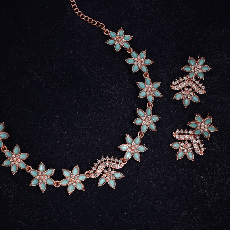 Tehzeeb Creations Sky Blue Colour Star Design Stone Studded Necklace With Earrings | Grocsy