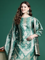 Indo Era Green Straight Kurta Trousers With Dupatta Set | Grocsy