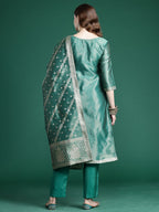 Indo Era Green Straight Kurta Trousers With Dupatta Set | Grocsy