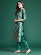 Indo Era Green Straight Kurta Trousers With Dupatta Set | Grocsy