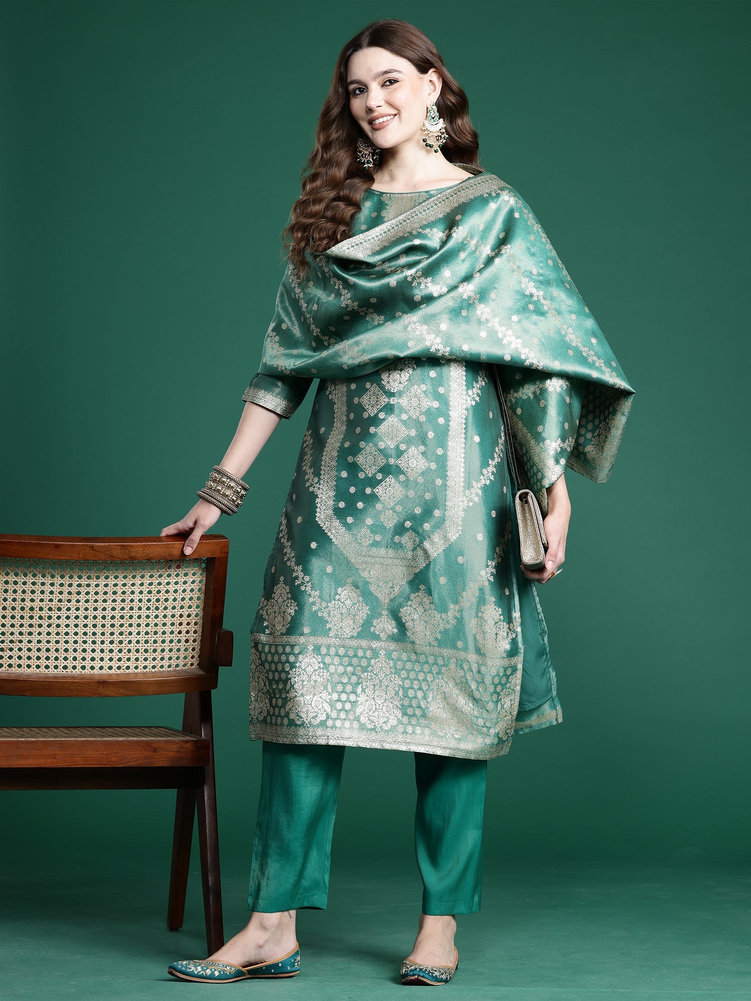 Indo Era Green Straight Kurta Trousers With Dupatta Set | Grocsy