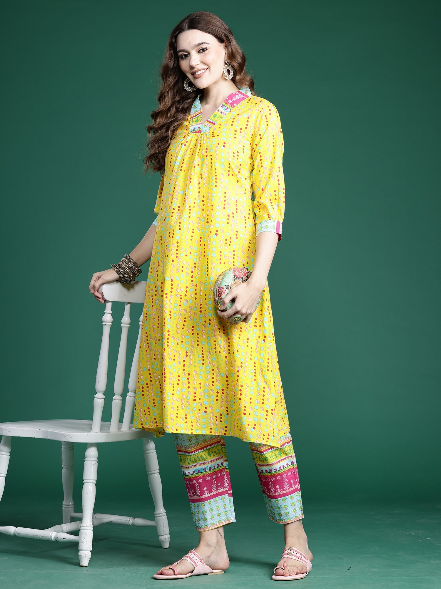 Indo Era Yellow Printed A-Line Kurta Trousers set | Grocsy