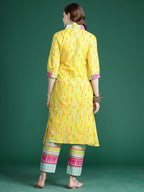 Indo Era Yellow Printed A-Line Kurta Trousers set | Grocsy