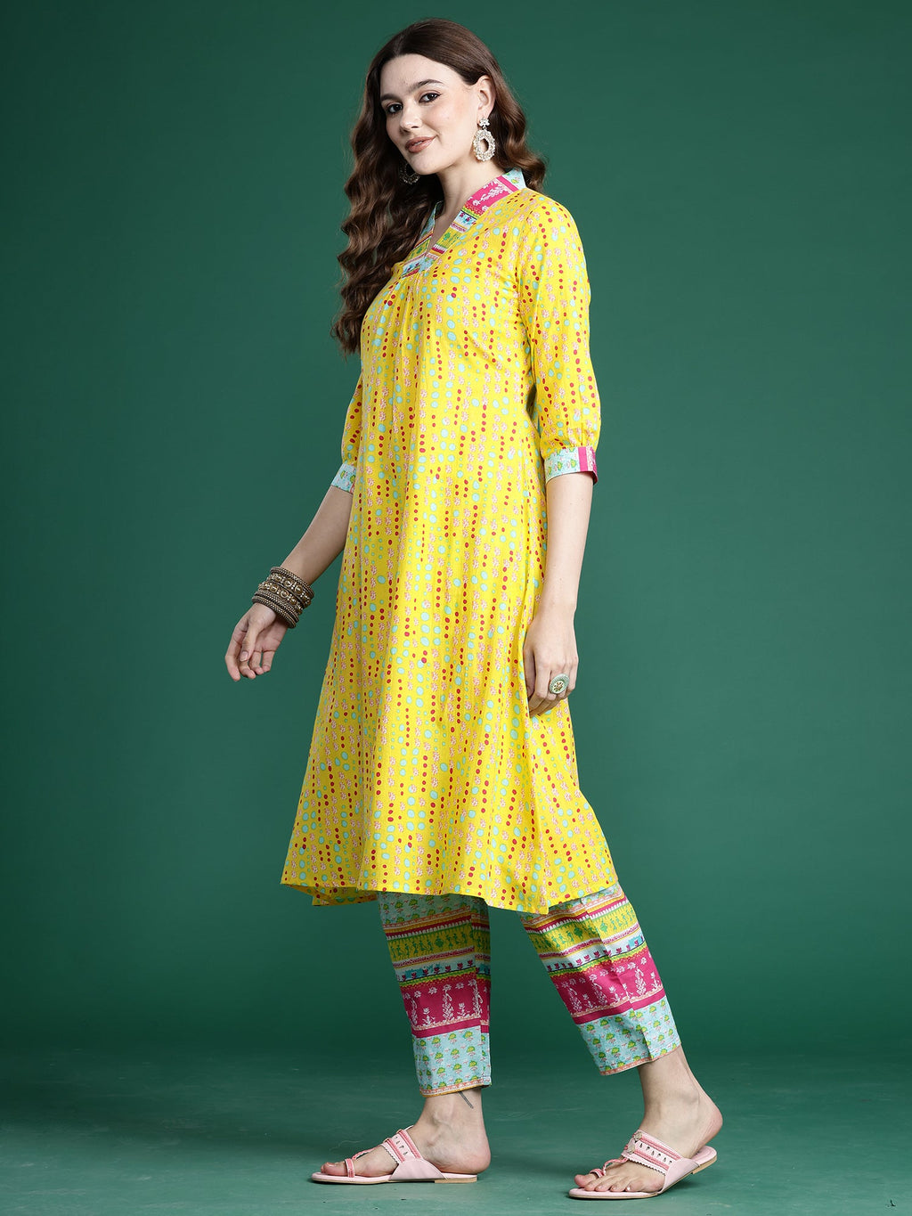 Indo Era Yellow Printed A-Line Kurta Trousers set | Grocsy