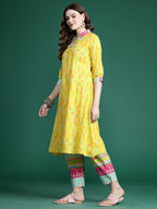 Indo Era Yellow Printed A-Line Kurta Trousers set | Grocsy