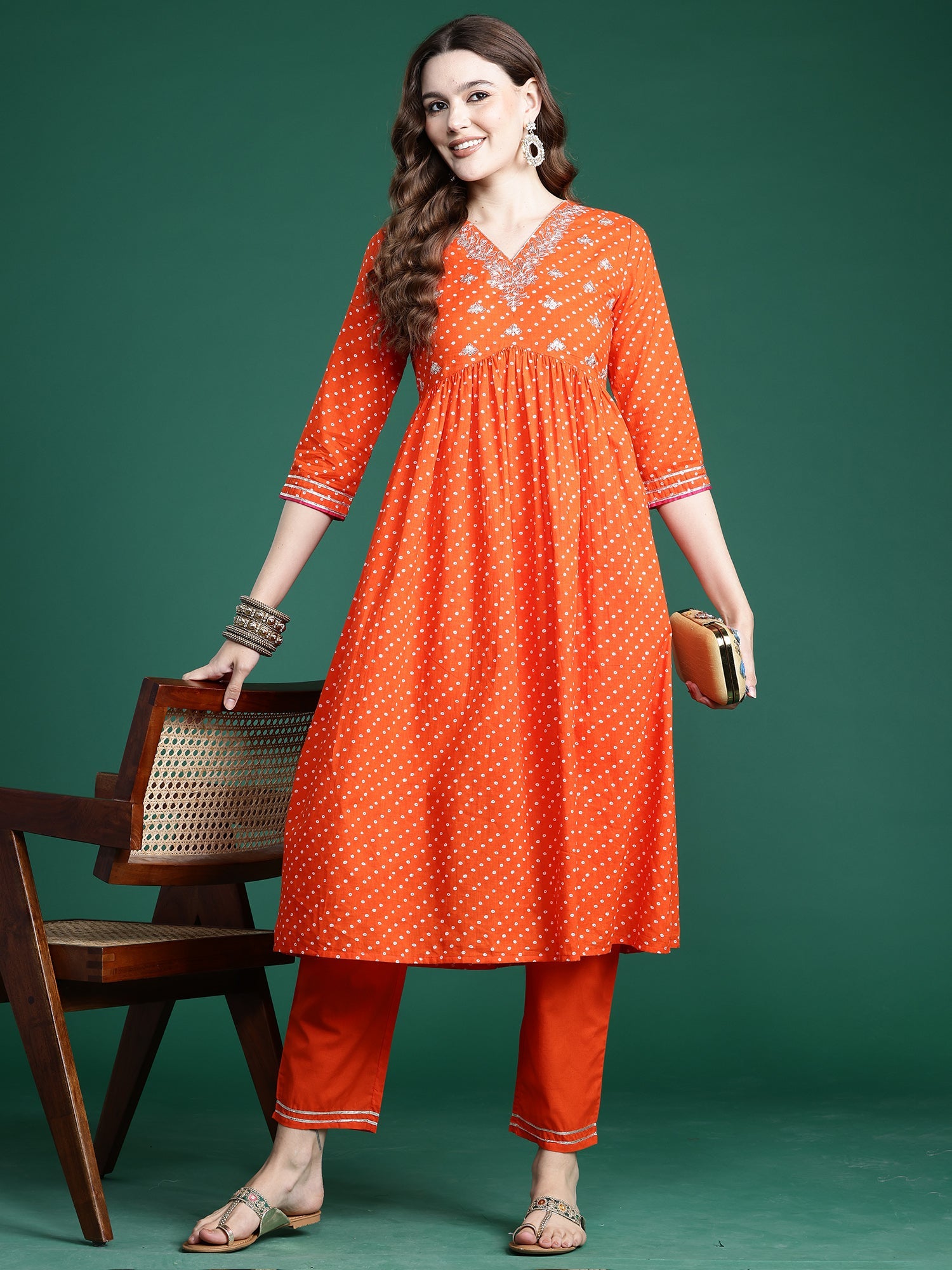 Indo Era Orange Embroidered A-Line Kurta Trousers set | Grocsy