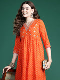 Indo Era Orange Embroidered A-Line Kurta Trousers set | Grocsy