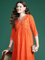 Indo Era Orange Embroidered A-Line Kurta Trousers set | Grocsy