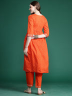 Indo Era Orange Embroidered A-Line Kurta Trousers set | Grocsy