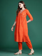 Indo Era Orange Embroidered A-Line Kurta Trousers set | Grocsy