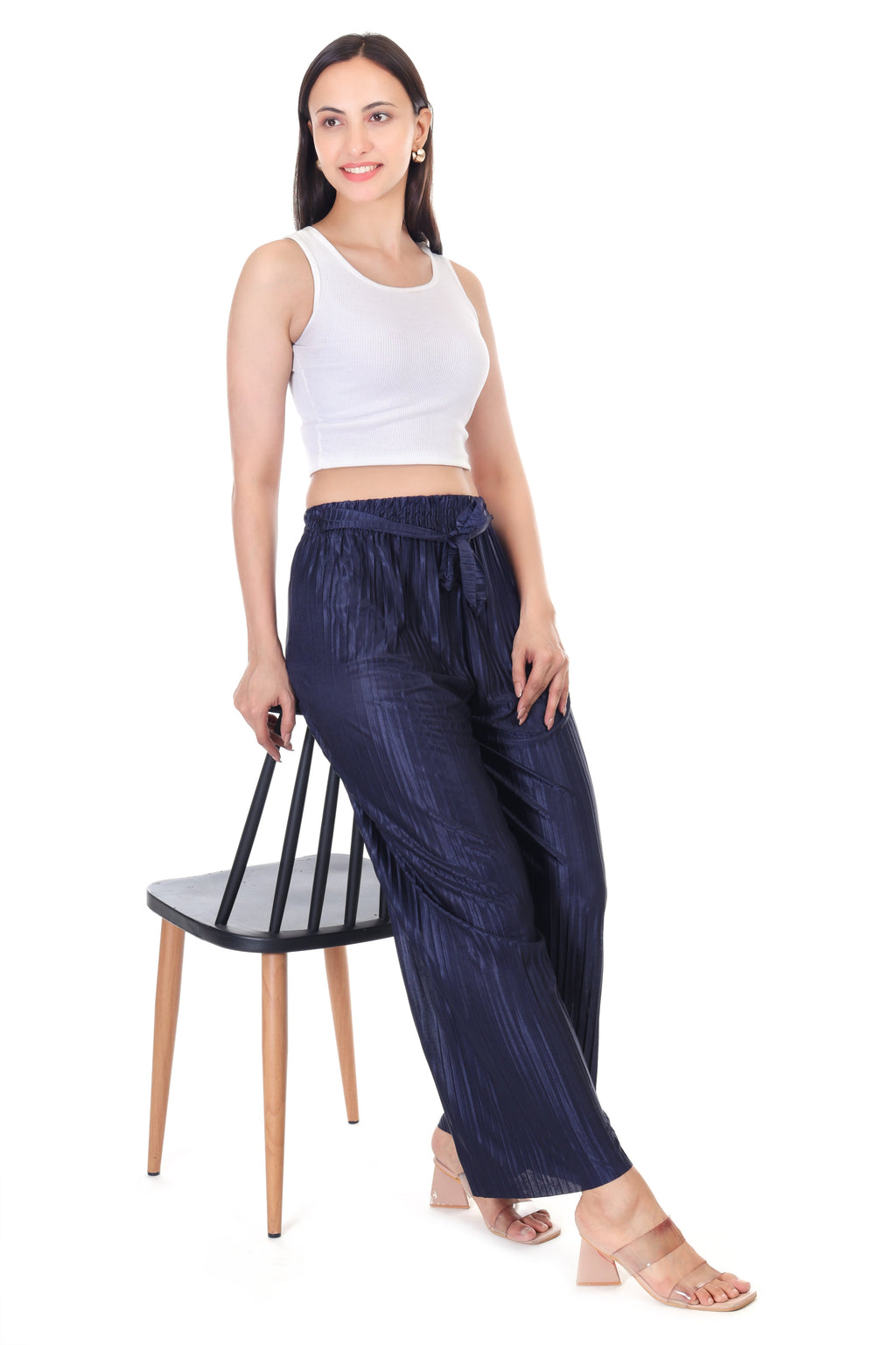 Jaitra Apparels Navy Blue Satin Pleated Free Size Palazzo | Grocsy