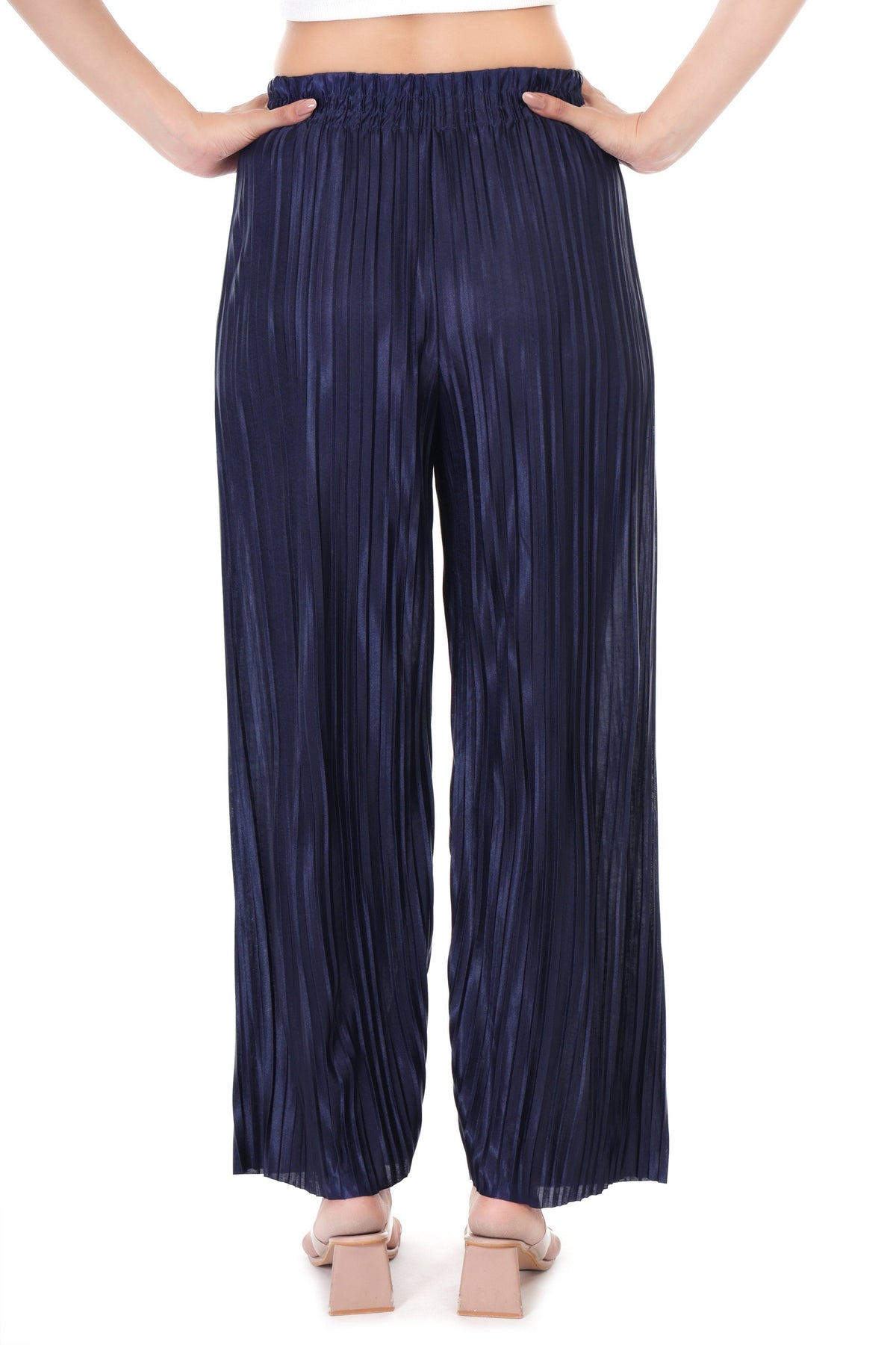 Jaitra Apparels Navy Blue Satin Pleated Free Size Palazzo | Grocsy