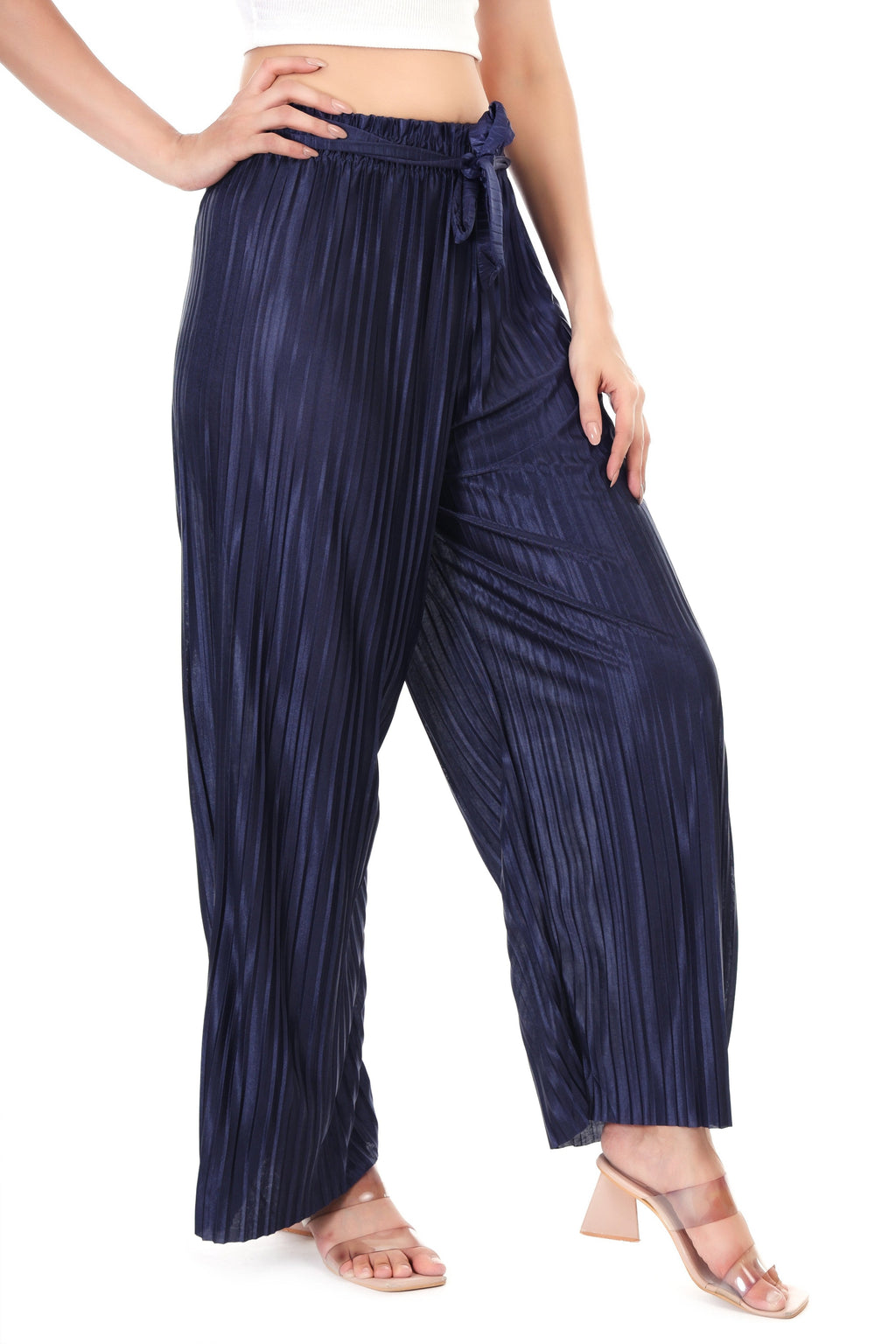 Jaitra Apparels Navy Blue Satin Pleated Free Size Palazzo | Grocsy