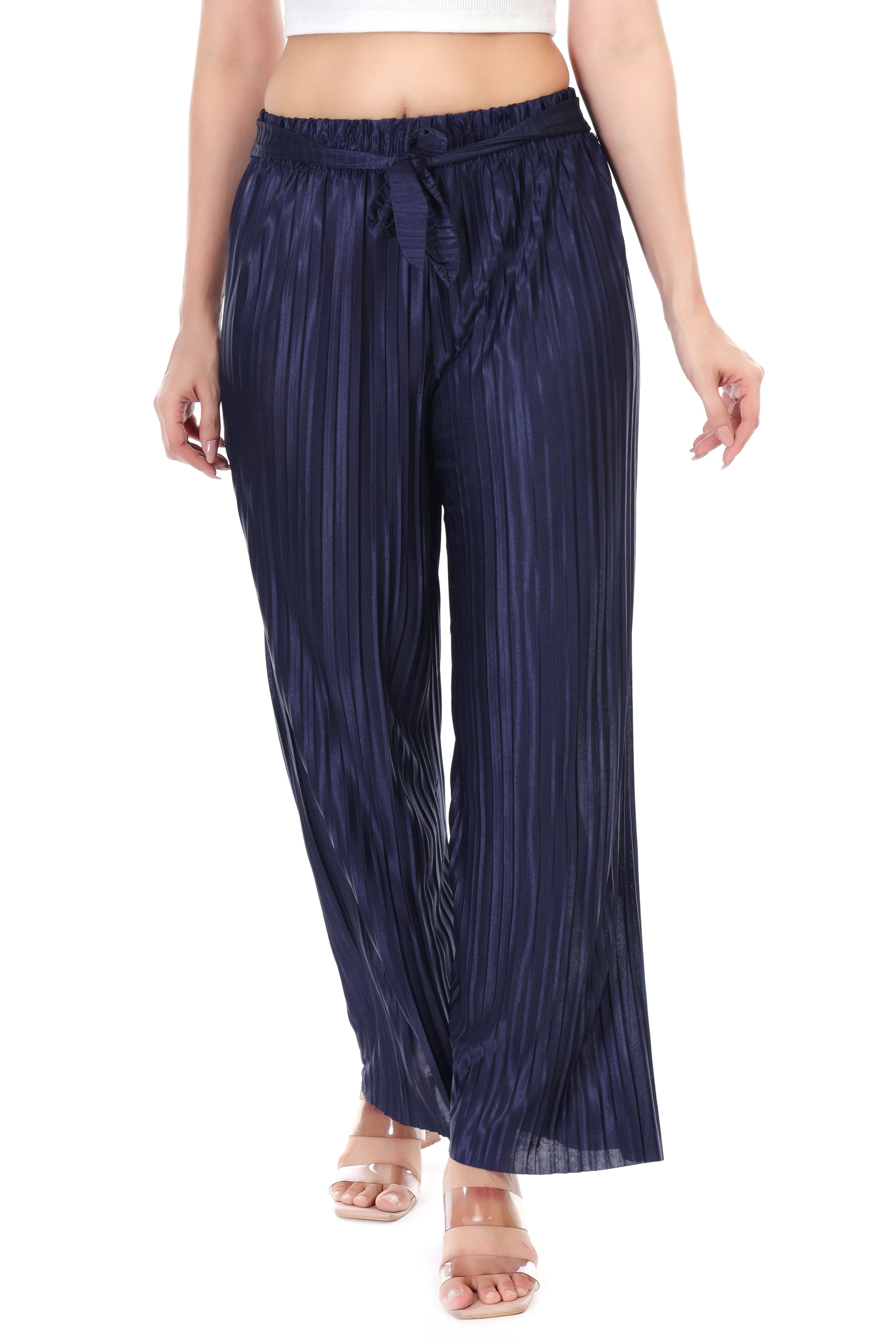 Jaitra Apparels Navy Blue Satin Pleated Free Size Palazzo | Grocsy