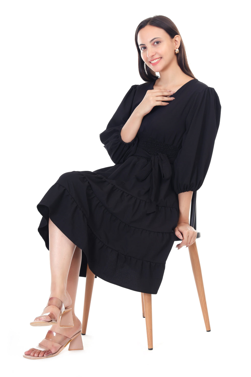 Jaitra Apparels Black Rayon Crepe Midi Dress | Grocsy