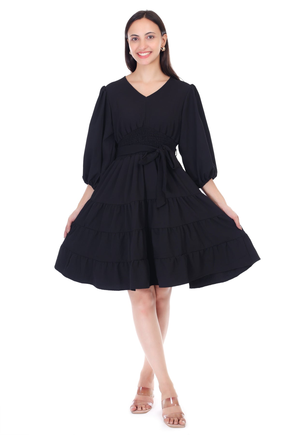 Jaitra Apparels Black Rayon Crepe Midi Dress | Grocsy