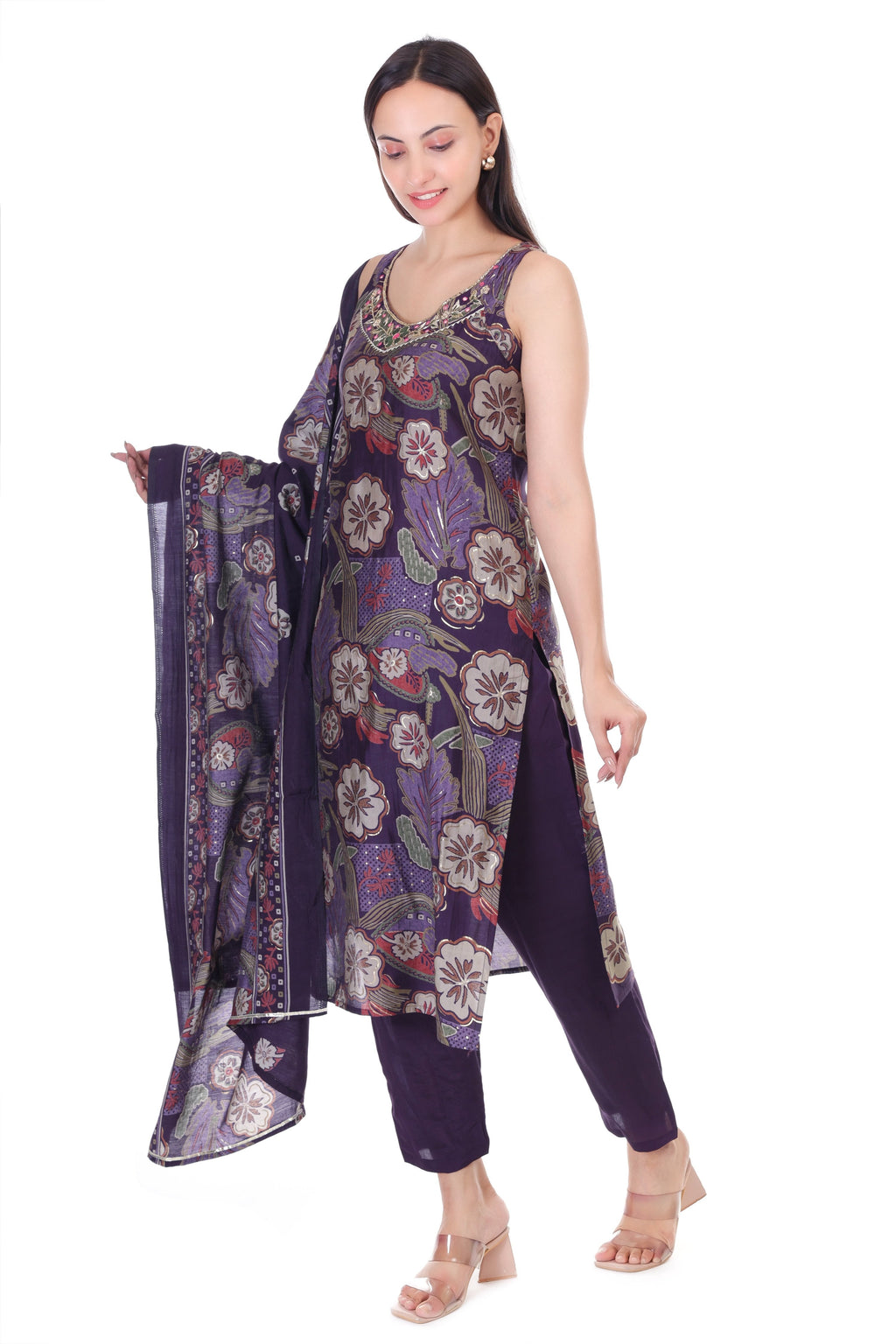 Jaitra Apparels Purple Embroidered Muslin Fabric Kurta Set With Dupatta | Grocsy