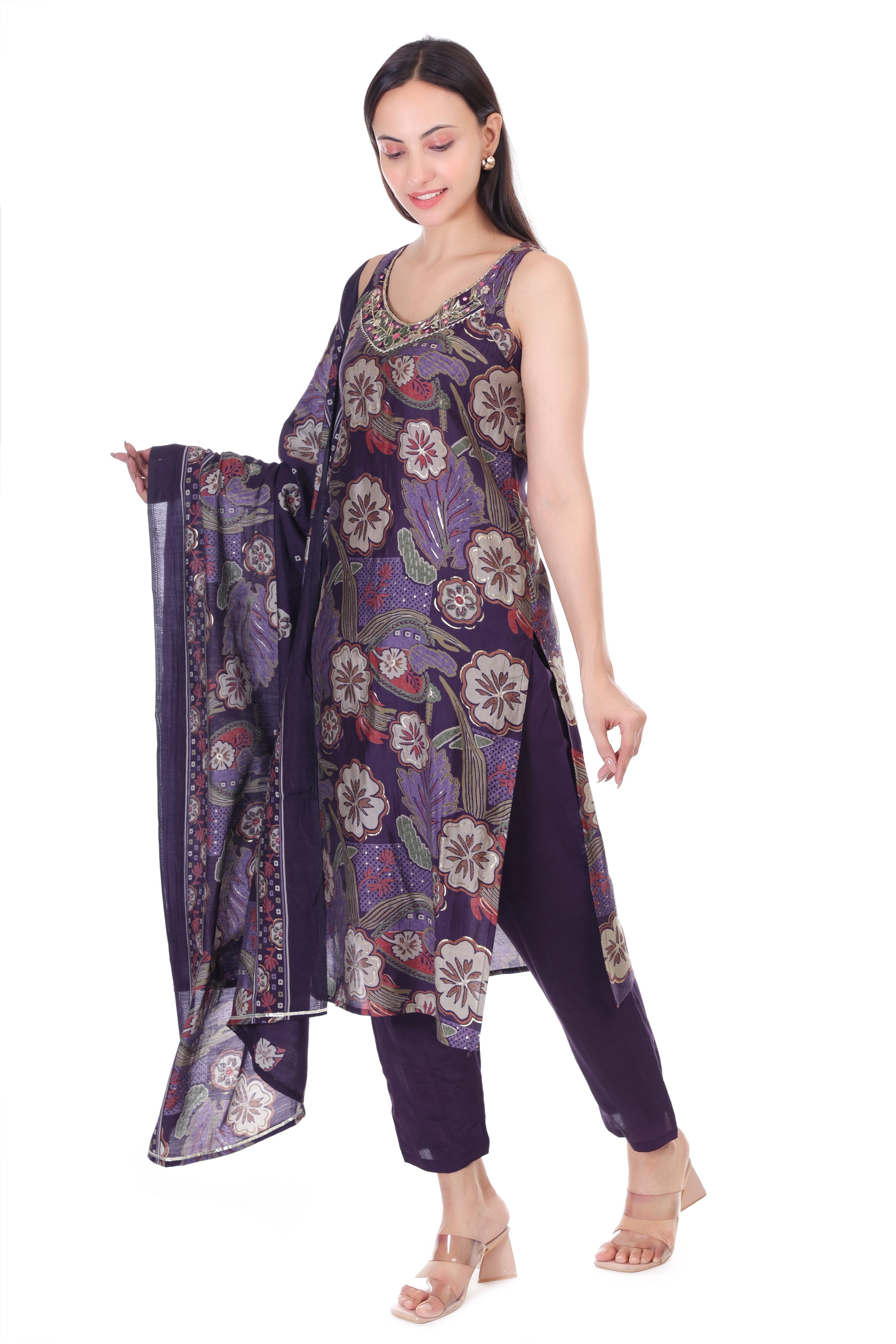 Jaitra Apparels Purple Embroidered Muslin Fabric Kurta Set With Dupatta | Grocsy