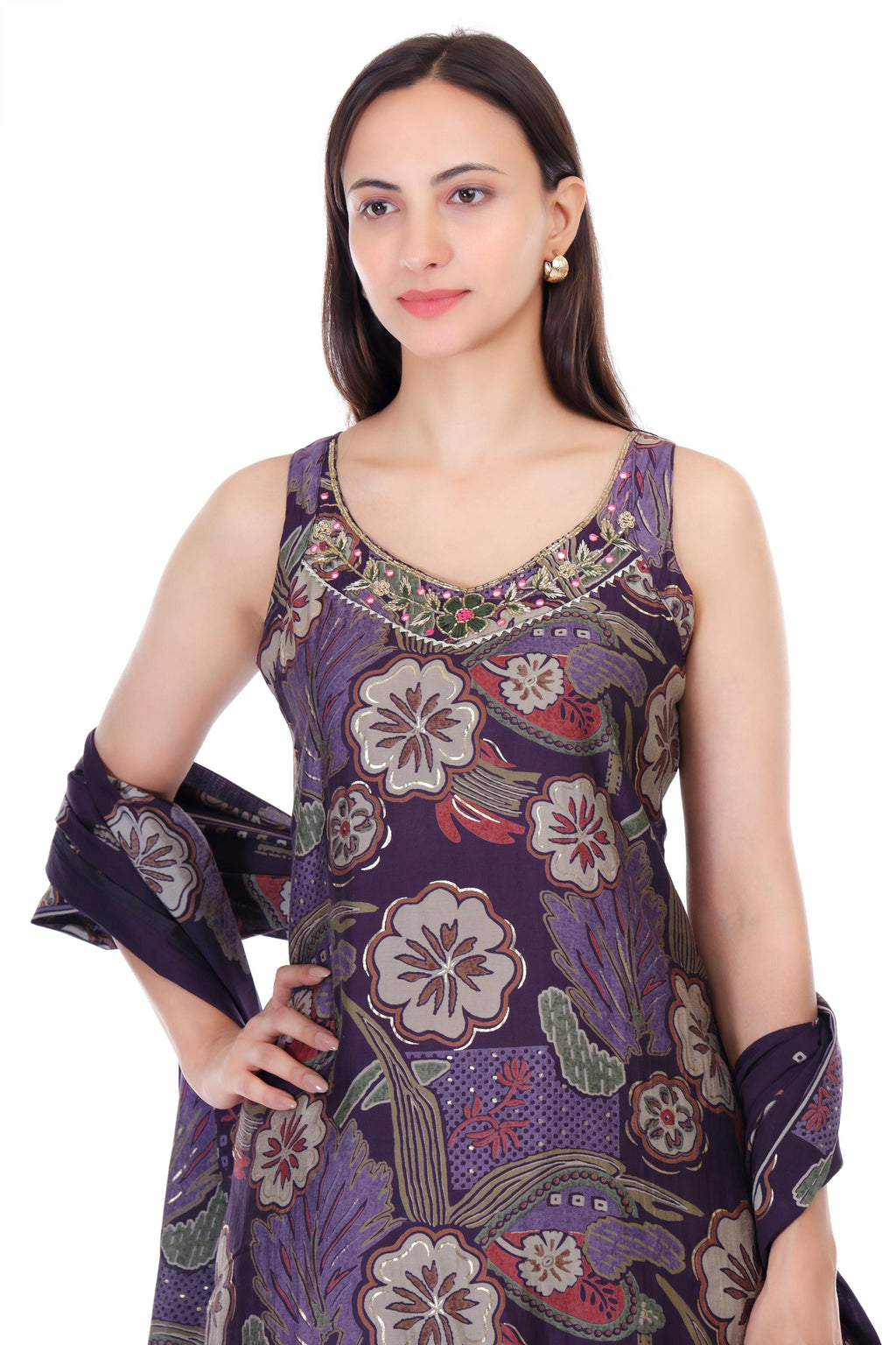 Jaitra Apparels Purple Embroidered Muslin Fabric Kurta Set With Dupatta | Grocsy