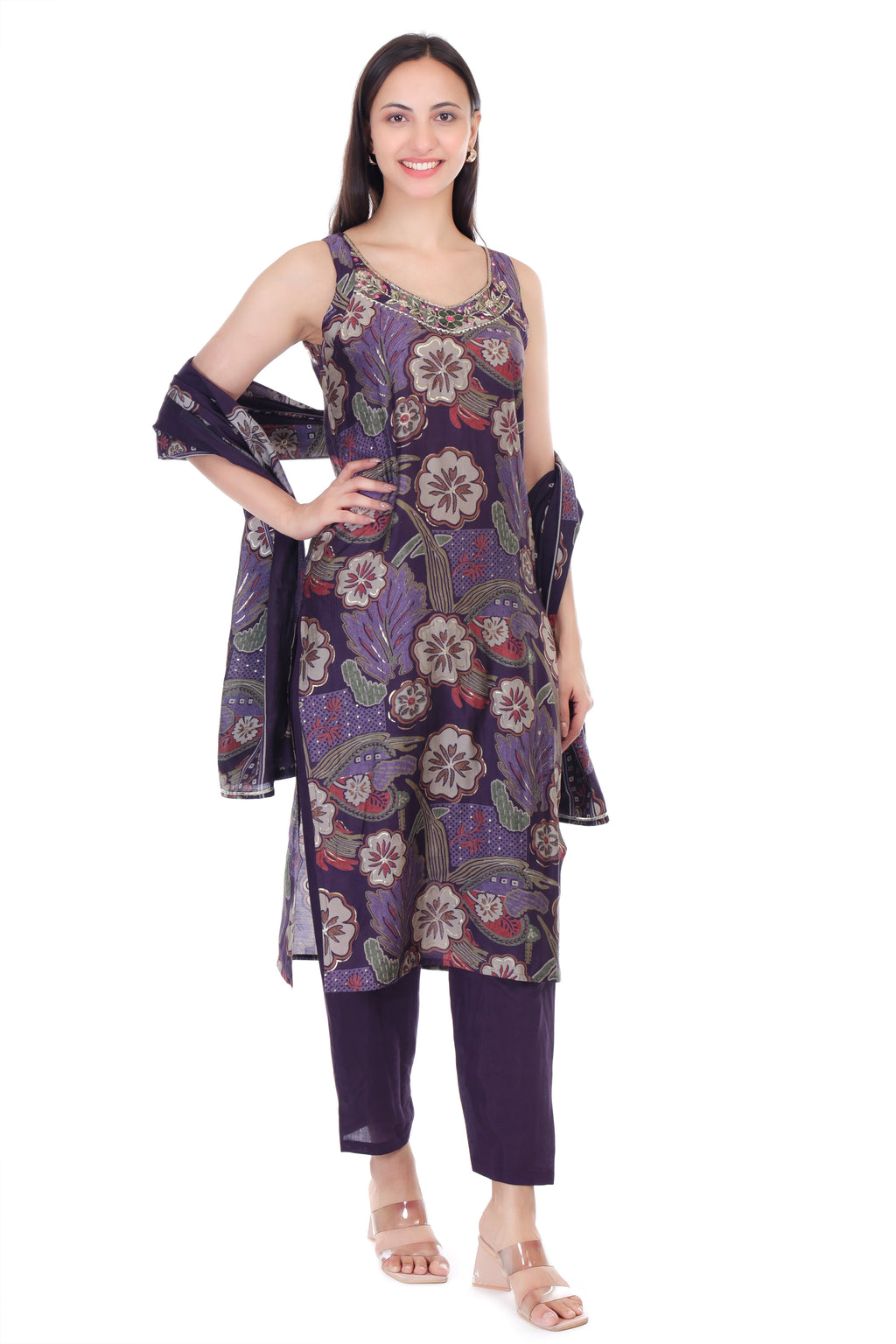 Jaitra Apparels Purple Embroidered Muslin Fabric Kurta Set With Dupatta | Grocsy