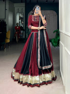 Lorenvalley Fashion Maroon Chinon Enhanced With Embossed Designer Lace And Real Mirror Lace Lehenga Choli With Dupatta | Grocsy