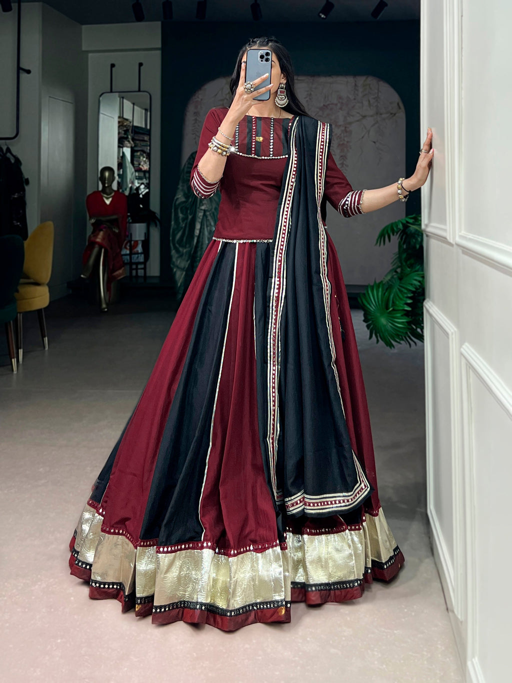 Lorenvalley Fashion Maroon Chinon Enhanced With Embossed Designer Lace And Real Mirror Lace Lehenga Choli With Dupatta | Grocsy