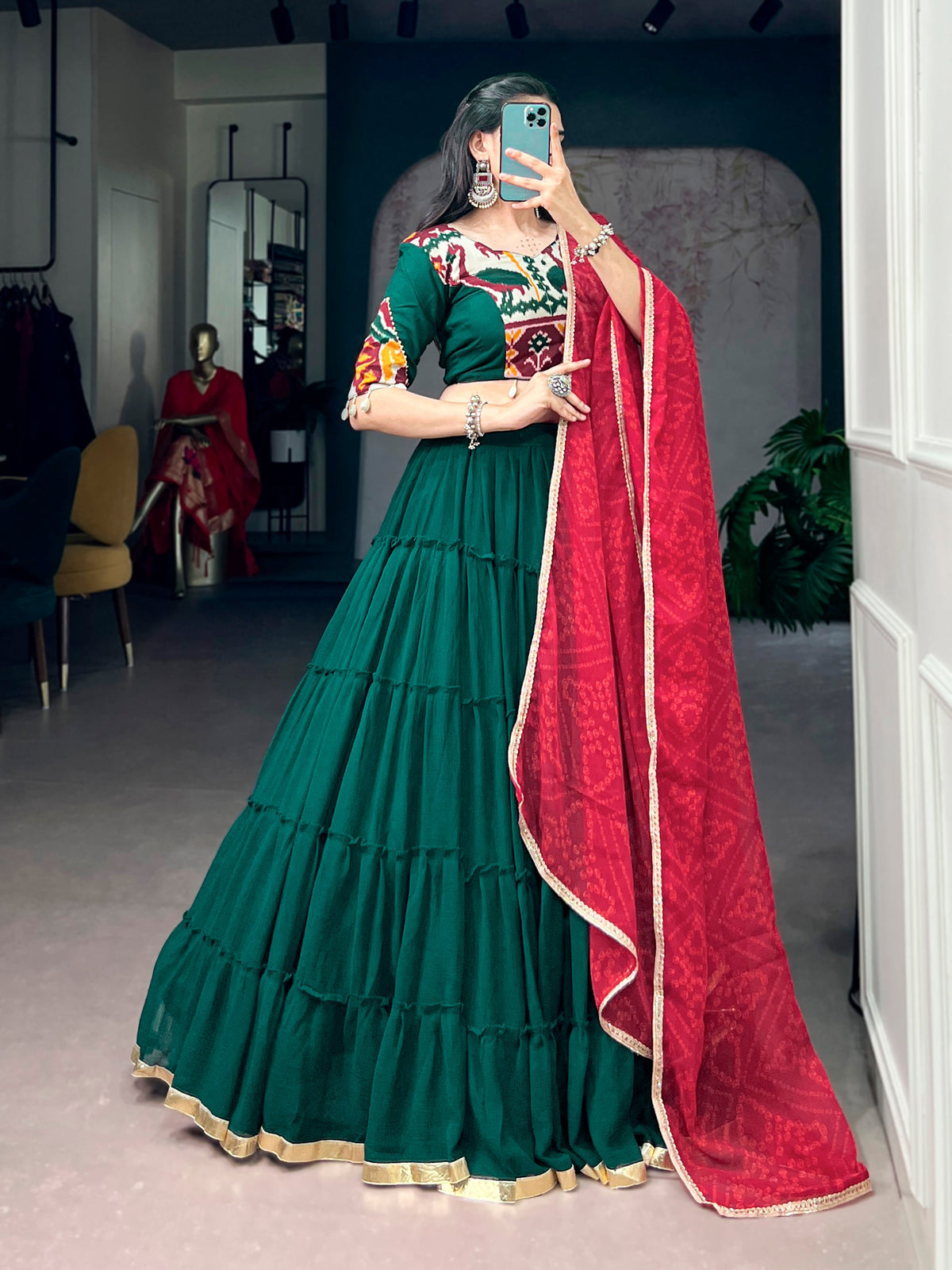 Lorenvalley Fashion Green Marble Plain Lehenga Choli With Dupatta | Grocsy