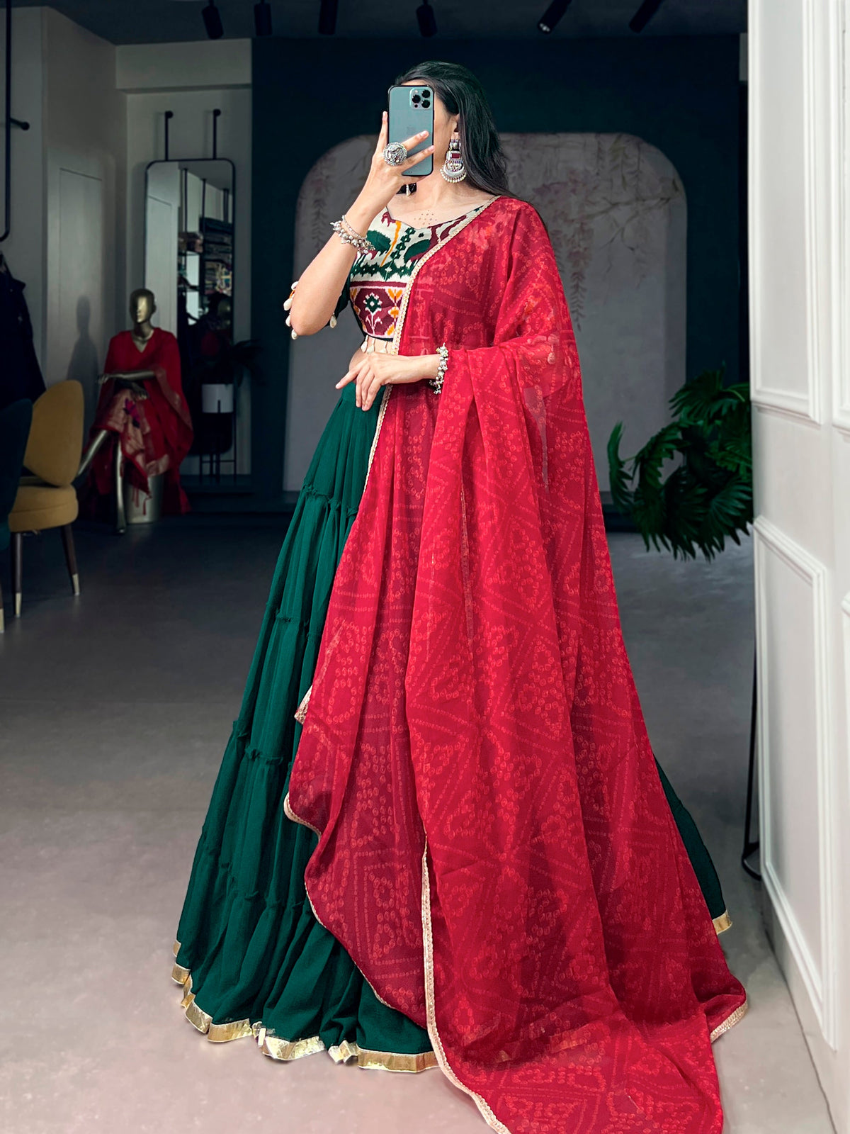 Lorenvalley Fashion Green Marble Plain Lehenga Choli With Dupatta | Grocsy