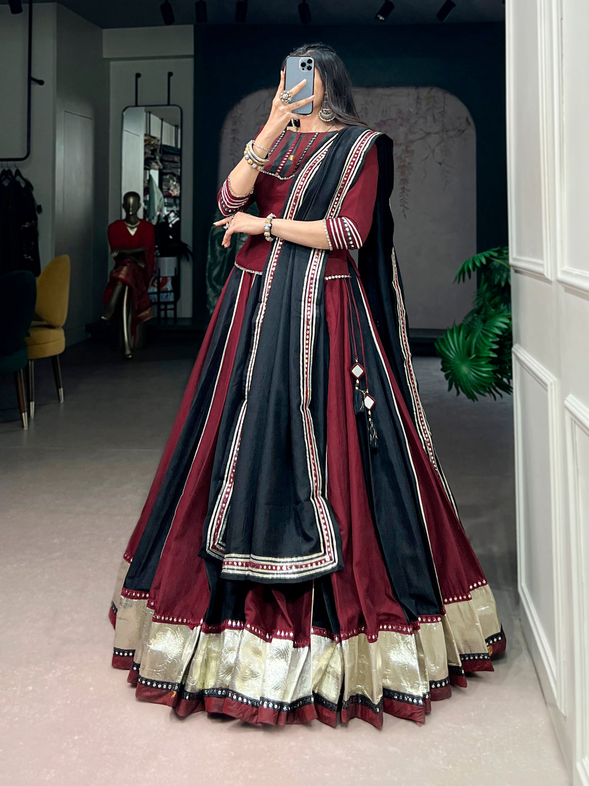 Lorenvalley Fashion Maroon Chinon Enhanced With Embossed Designer Lace And Real Mirror Lace Lehenga Choli With Dupatta | Grocsy