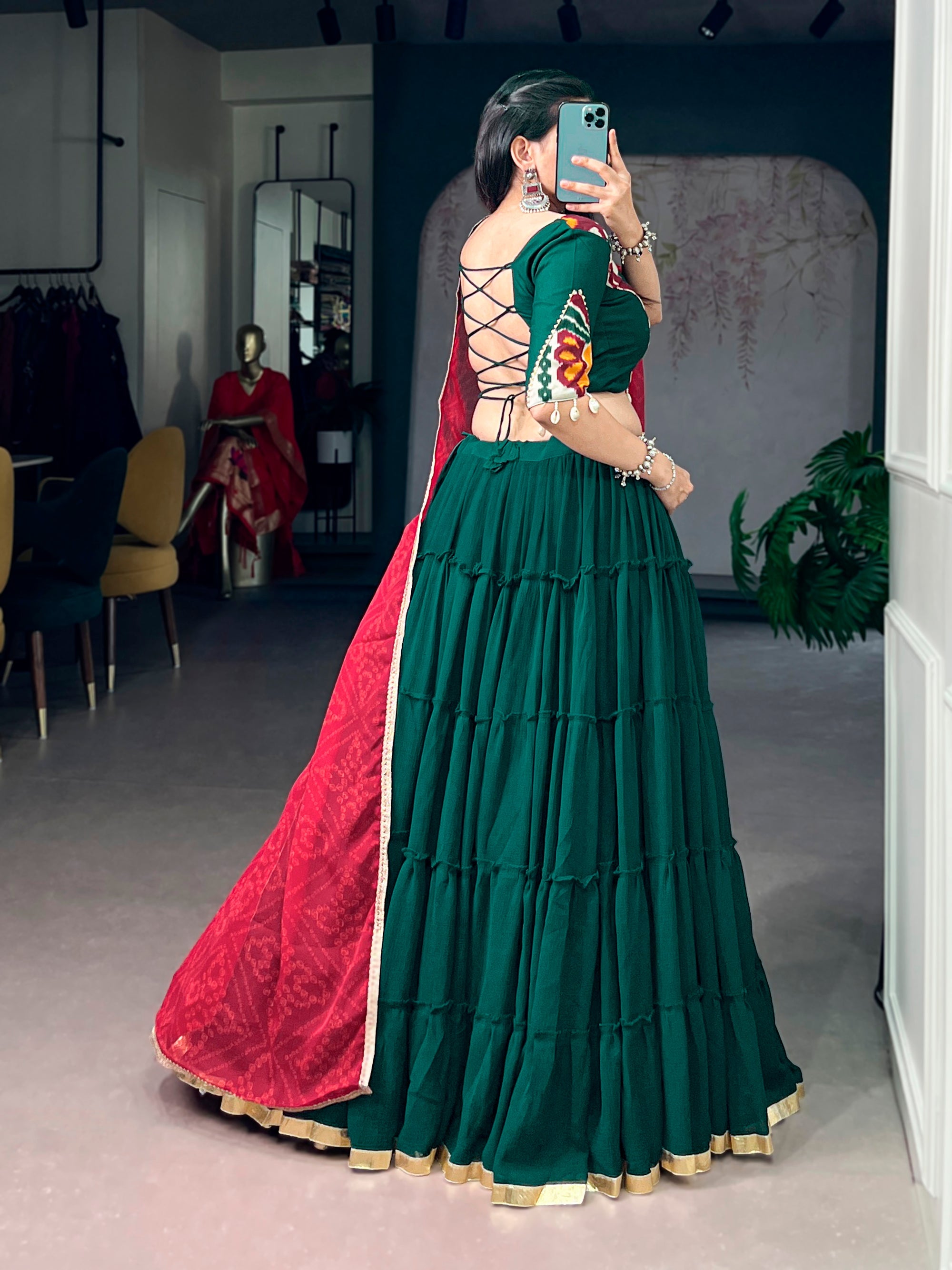 Lorenvalley Fashion Green Marble Plain Lehenga Choli With Dupatta | Grocsy