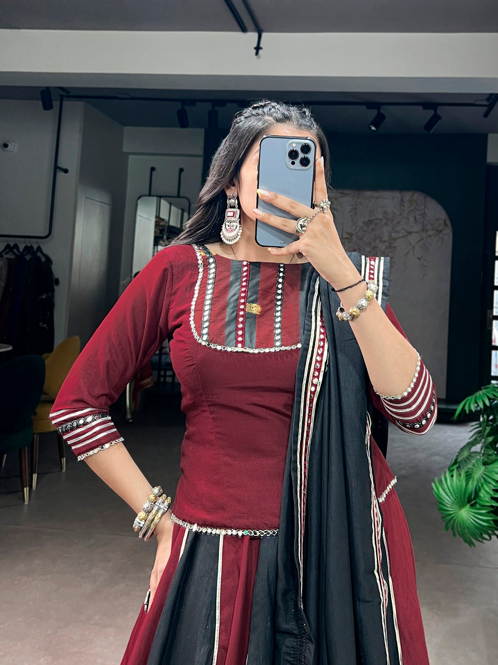 Lorenvalley Fashion Maroon Chinon Enhanced With Embossed Designer Lace And Real Mirror Lace Lehenga Choli With Dupatta | Grocsy