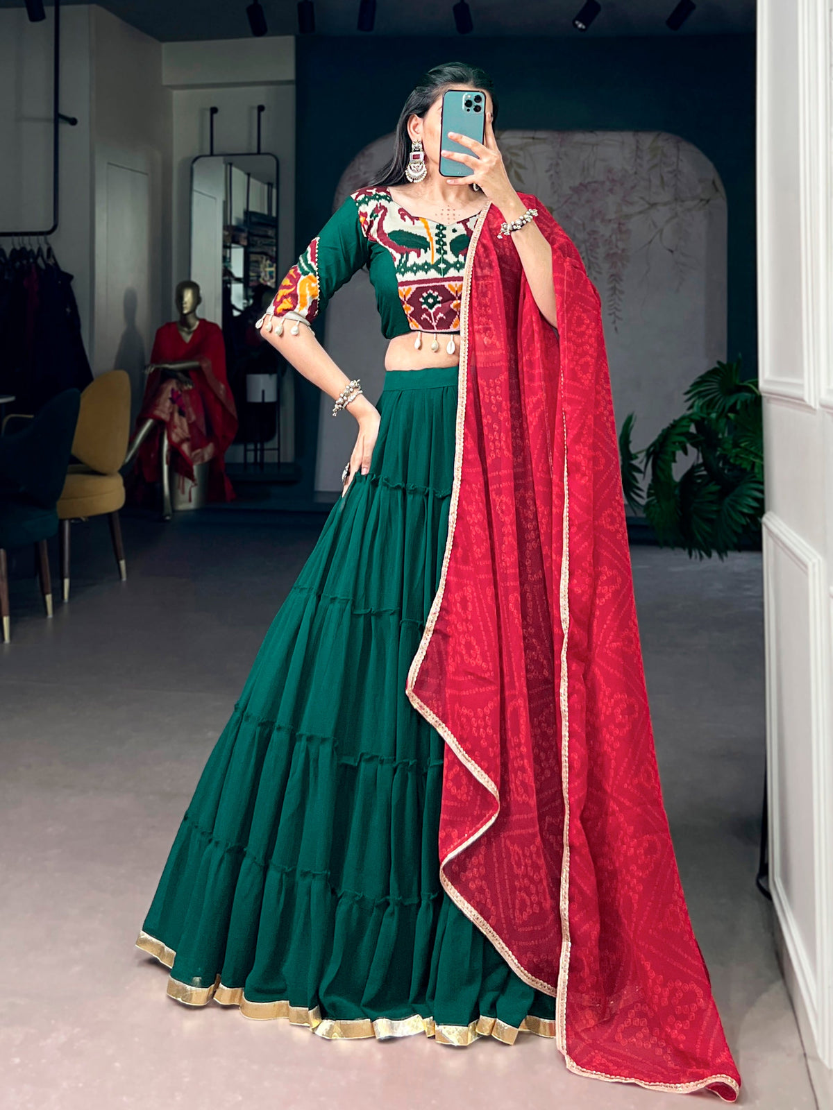 Lorenvalley Fashion Green Marble Plain Lehenga Choli With Dupatta | Grocsy