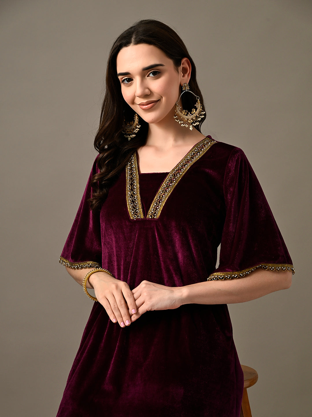 Myshka Women's Magenta Velvet Kurta Pant | Grocsy