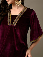 Myshka Women's Magenta Velvet Kurta Pant | Grocsy