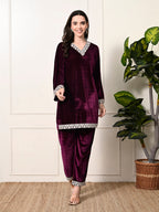 Myshka Women's Magenta Velvet Kurta Pant | Grocsy