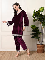 Myshka Women's Magenta Velvet Kurta Pant | Grocsy