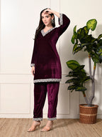 Myshka Women's Magenta Velvet Kurta Pant | Grocsy