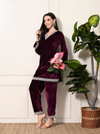 Myshka Women's Magenta Velvet Kurta Pant | Grocsy