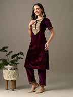 Myshka Women's Magenta Velvet Kurta Pant | Grocsy