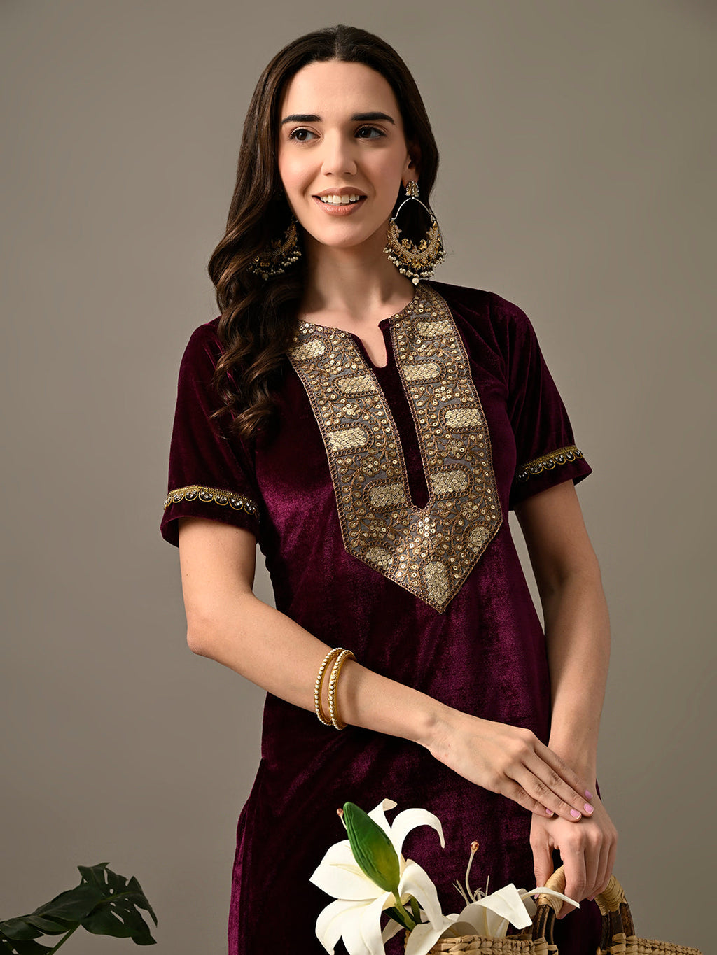 Myshka Women's Magenta Velvet Kurta Pant | Grocsy
