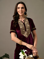 Myshka Women's Magenta Velvet Kurta Pant | Grocsy
