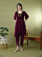 Myshka Women's Magenta Velvet Kurta Pant With Dupatta Set | Grocsy